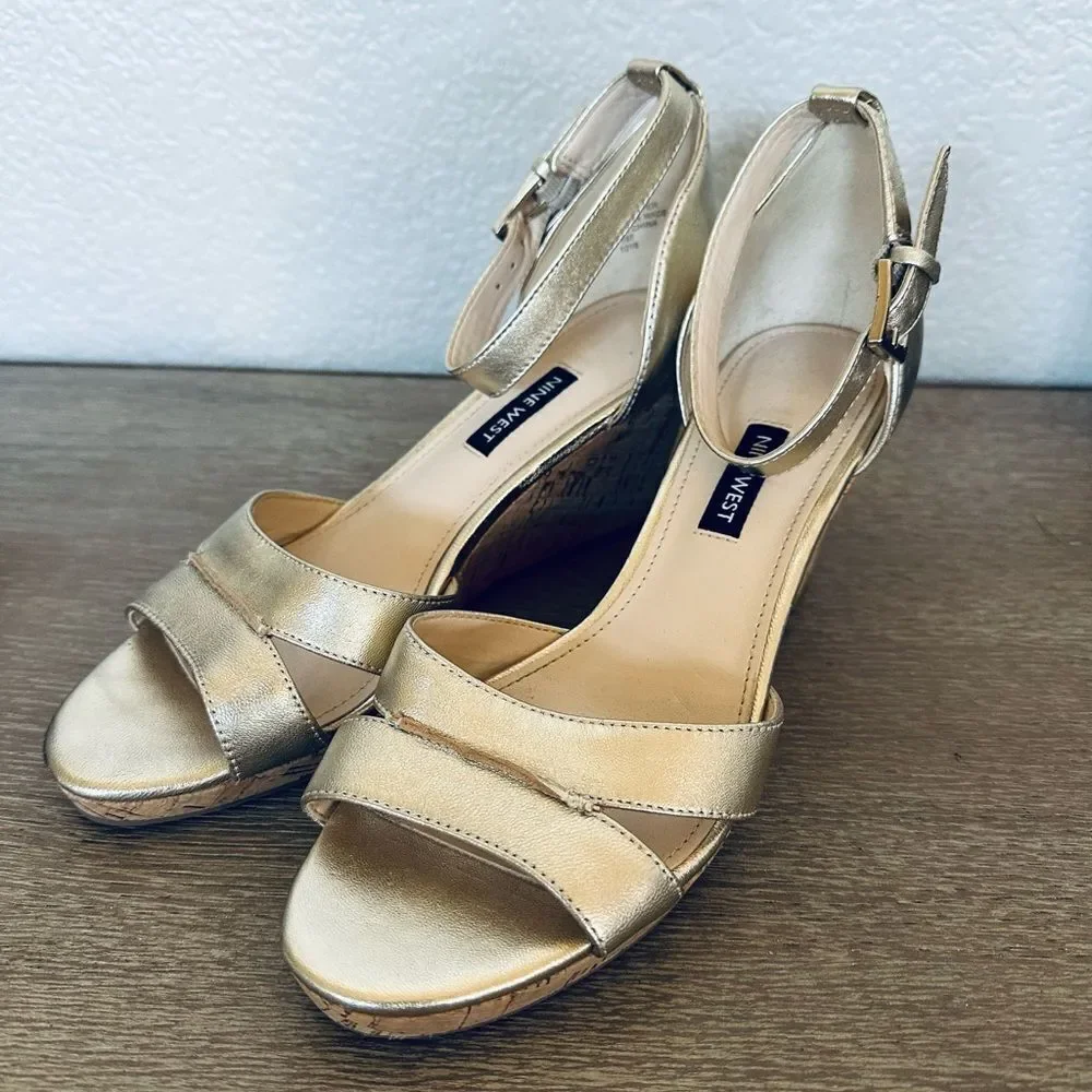 Nine West Gold Metallic Leather Wedge Cork Heel Sandals 8
